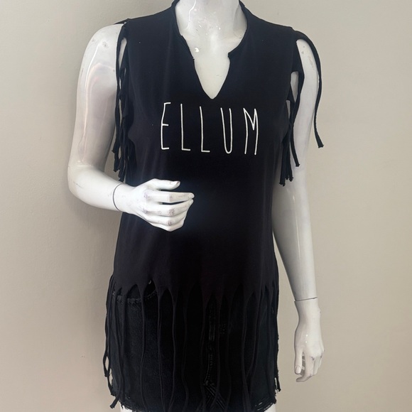 Spoon My Tops - Euro Spoon My Made in Italy Black Fringe Tank w Ellum Texas Graphic Coachella